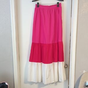 Pink and White Tiered Maxi Skirt